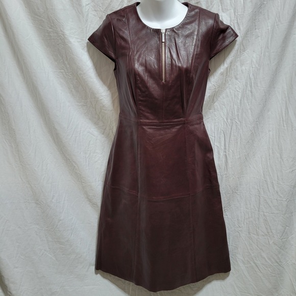 Sosandar Dresses & Skirts - Sosandar NWT Burgundy Leather Dress Cap Sleeves Fit Flare UK Size 8 US Size 4